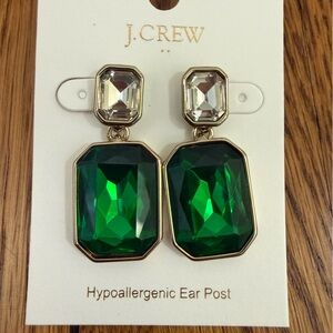 J.Crew Factory Crystal Drop Statement Earrings green onyx and gold